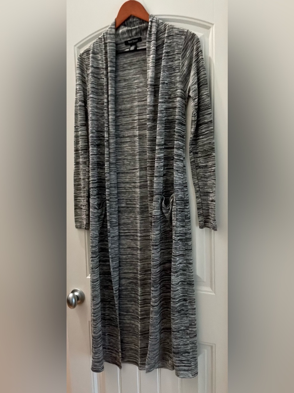 White House Black Market Long Open-Front Marled Gray Duster, Size XS
